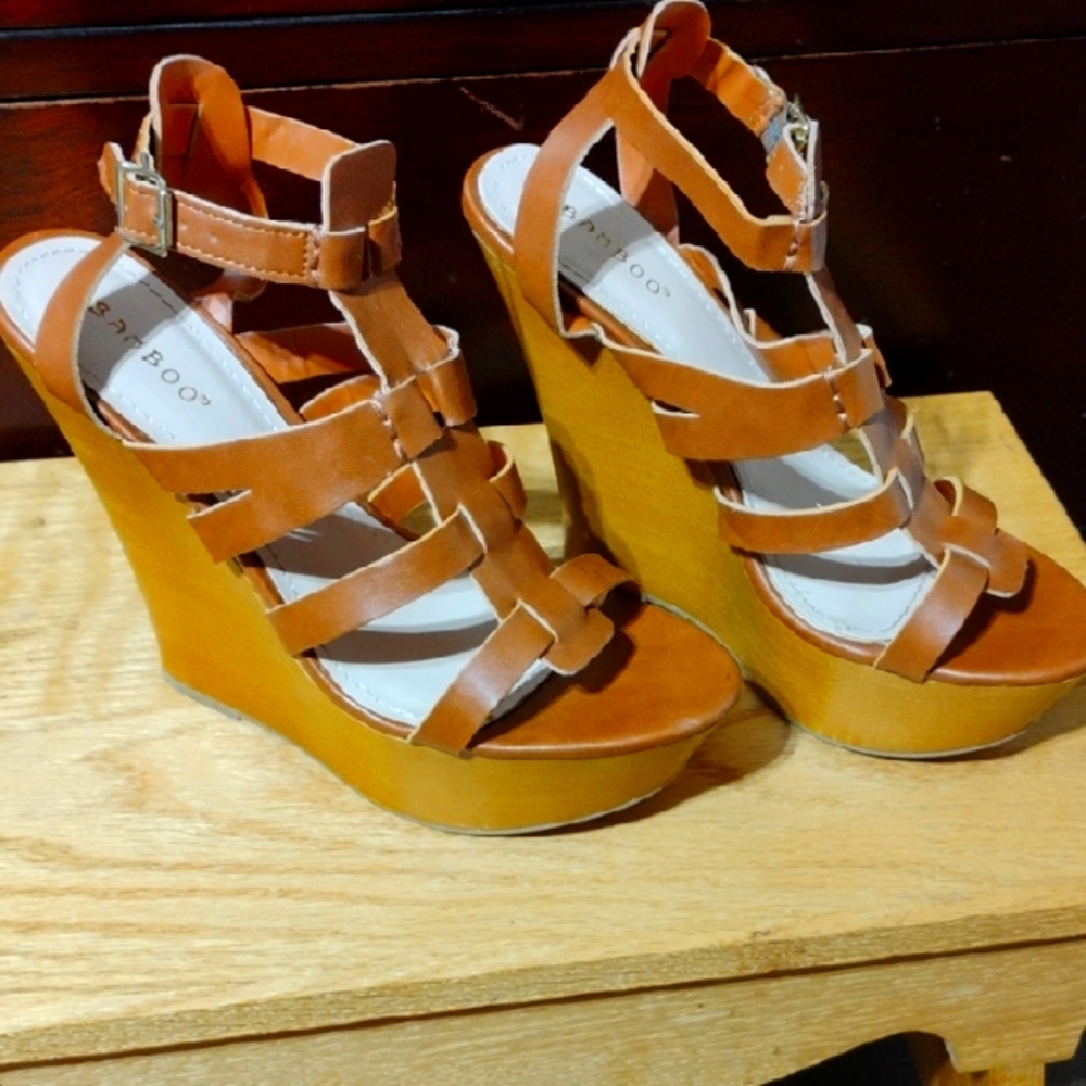 BAMBOO Tan Strappy Wedge Sandals